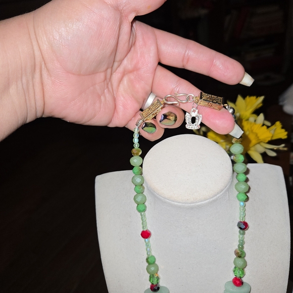 Artisan Jade & Carved Red Rose Cinnabar Crystal Necklace - Picture 8 of 11